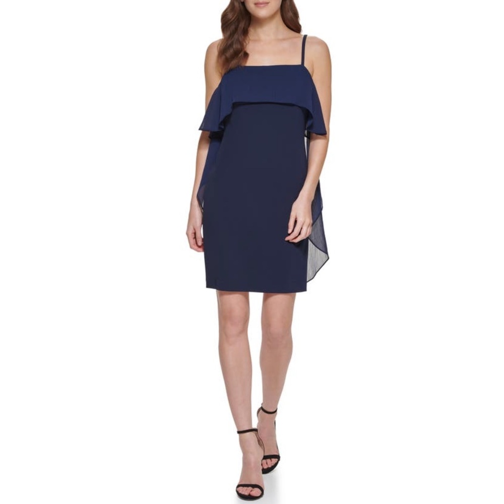 DKNY: Chiffon Cape Sleeveless Sheath Dress in NAVY (NWT)